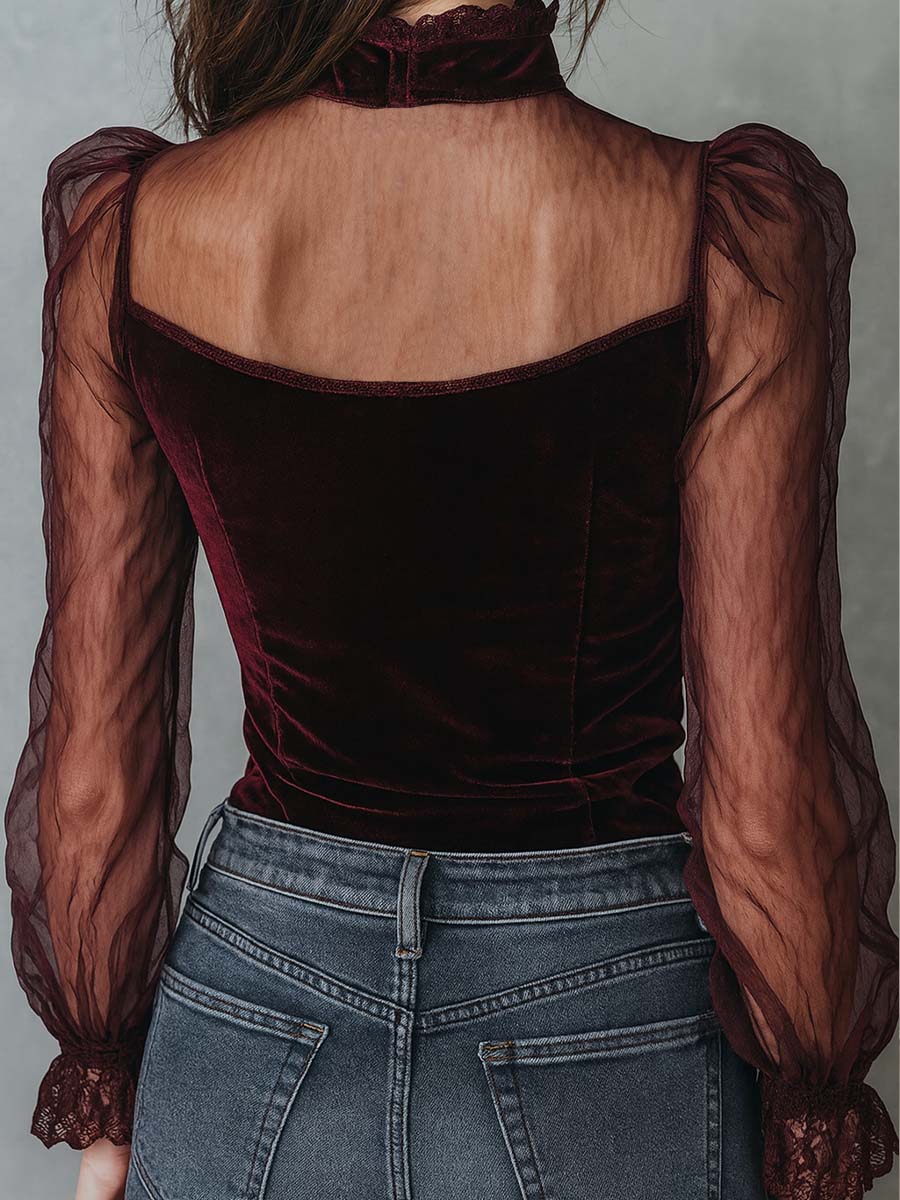 ERICA | RETRO SHEER SLEEVES POLYESTER VELVET BLOUSE