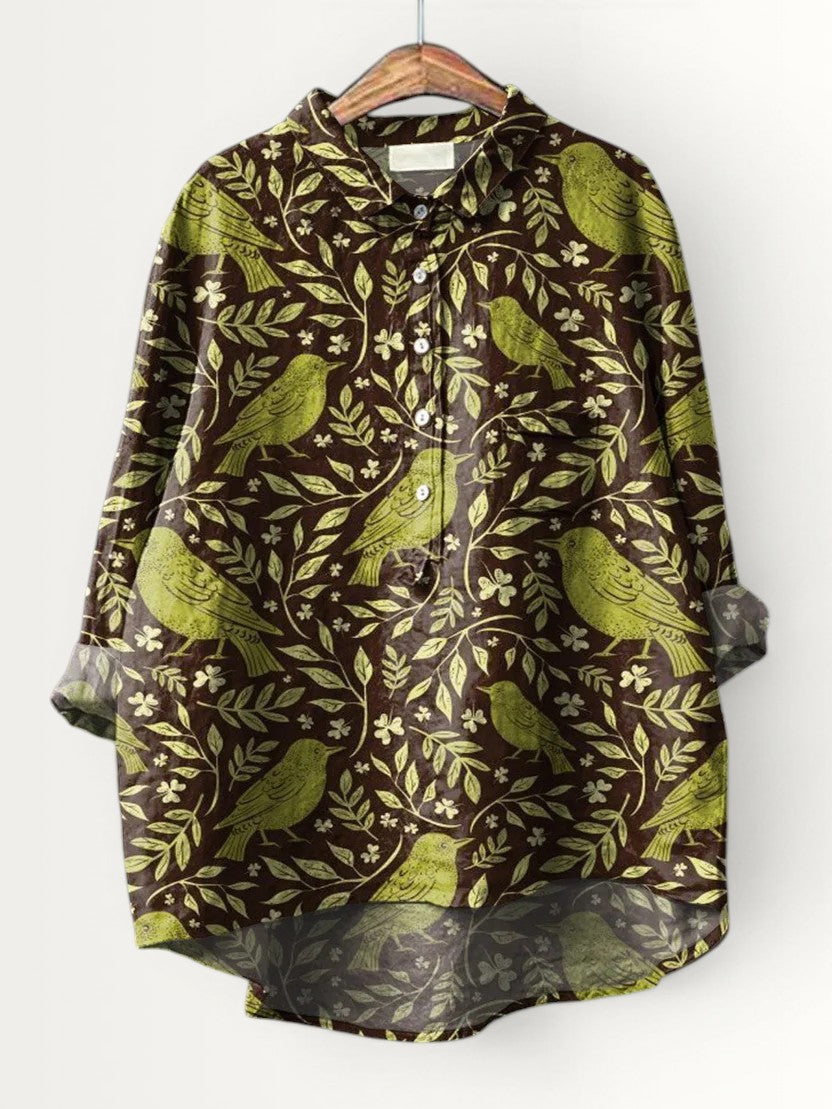 NORA | WOMEN'S VINTAGE FLORAL BIRDS ART PRINT CASUAL SHIRT