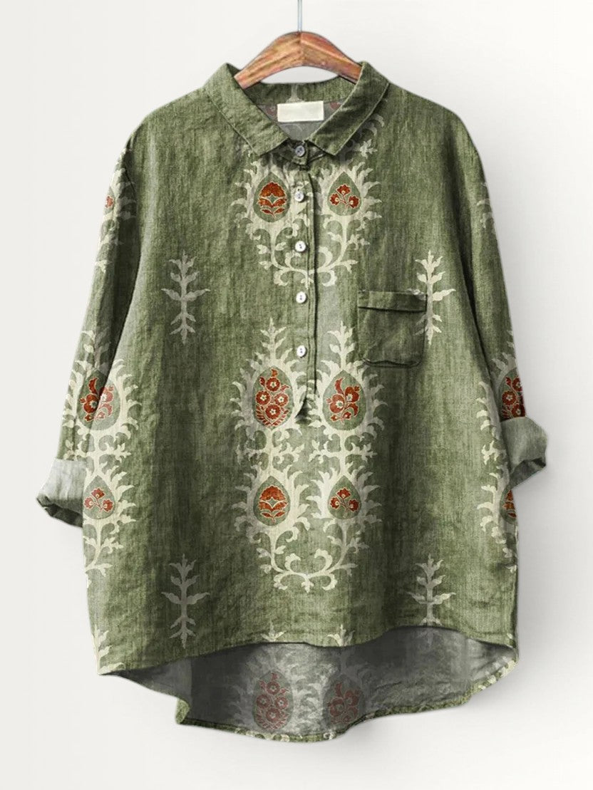 NINA | WOMEN'S VINTAGE ETHNIC FLORAL ART PRINT CASUAL SHIRT