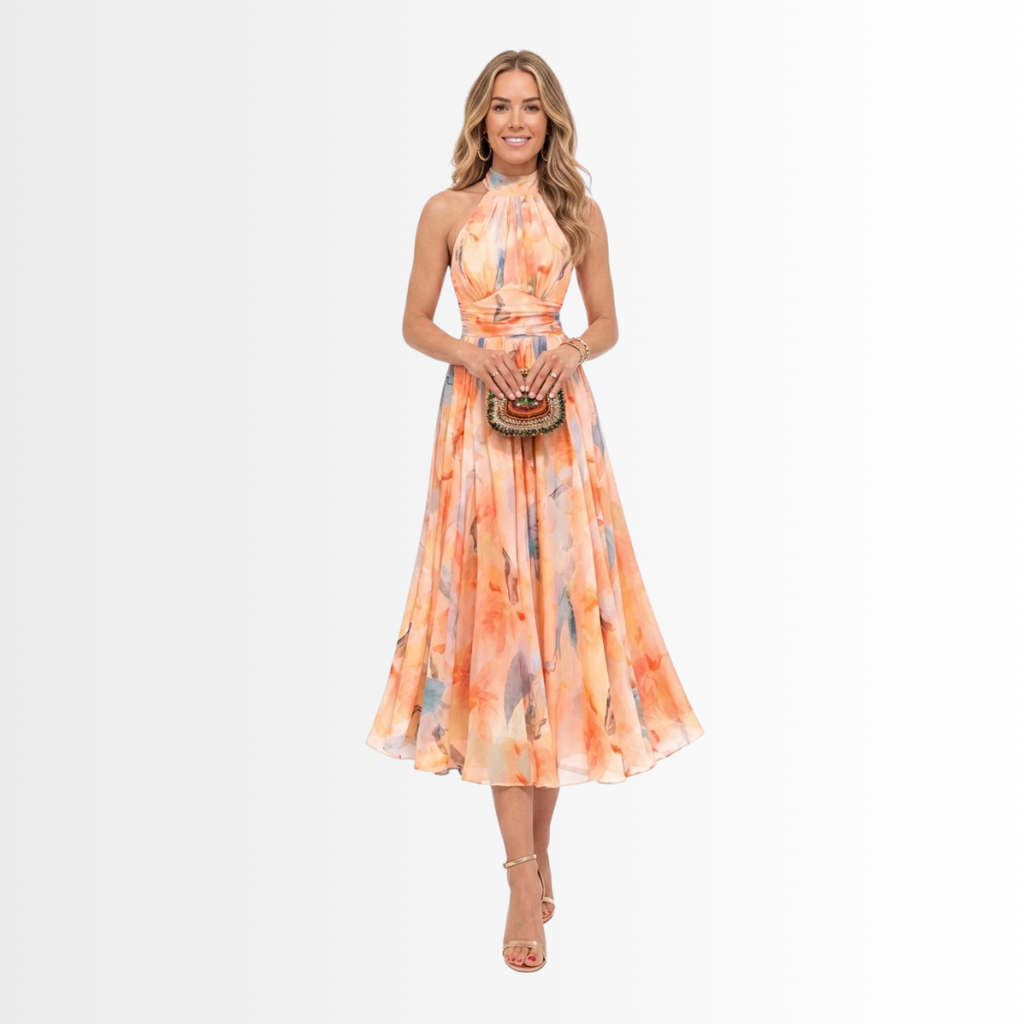AURORA | HALTER NECK DRESS WITH WATERCOLOR PRINT