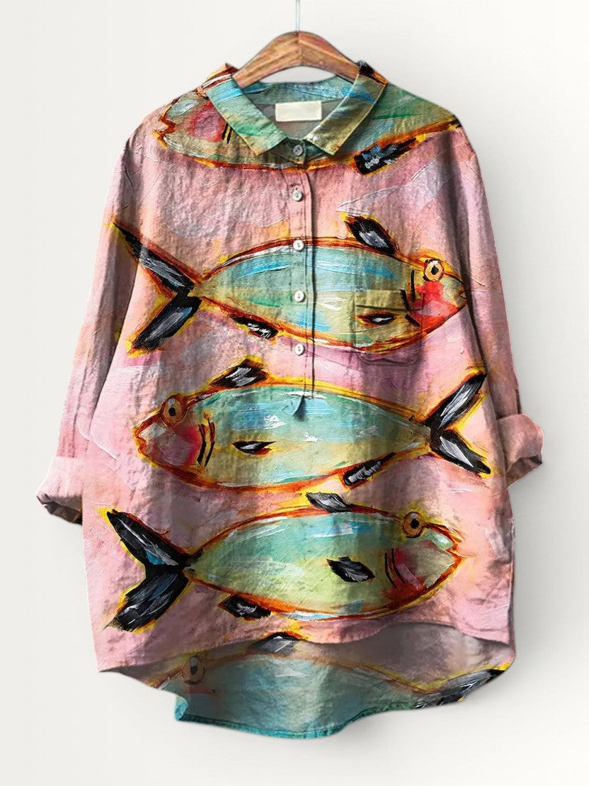 BLYTHE | WOMEN'S VINTAGE FISH ART PRINT CASUAL SHIRT