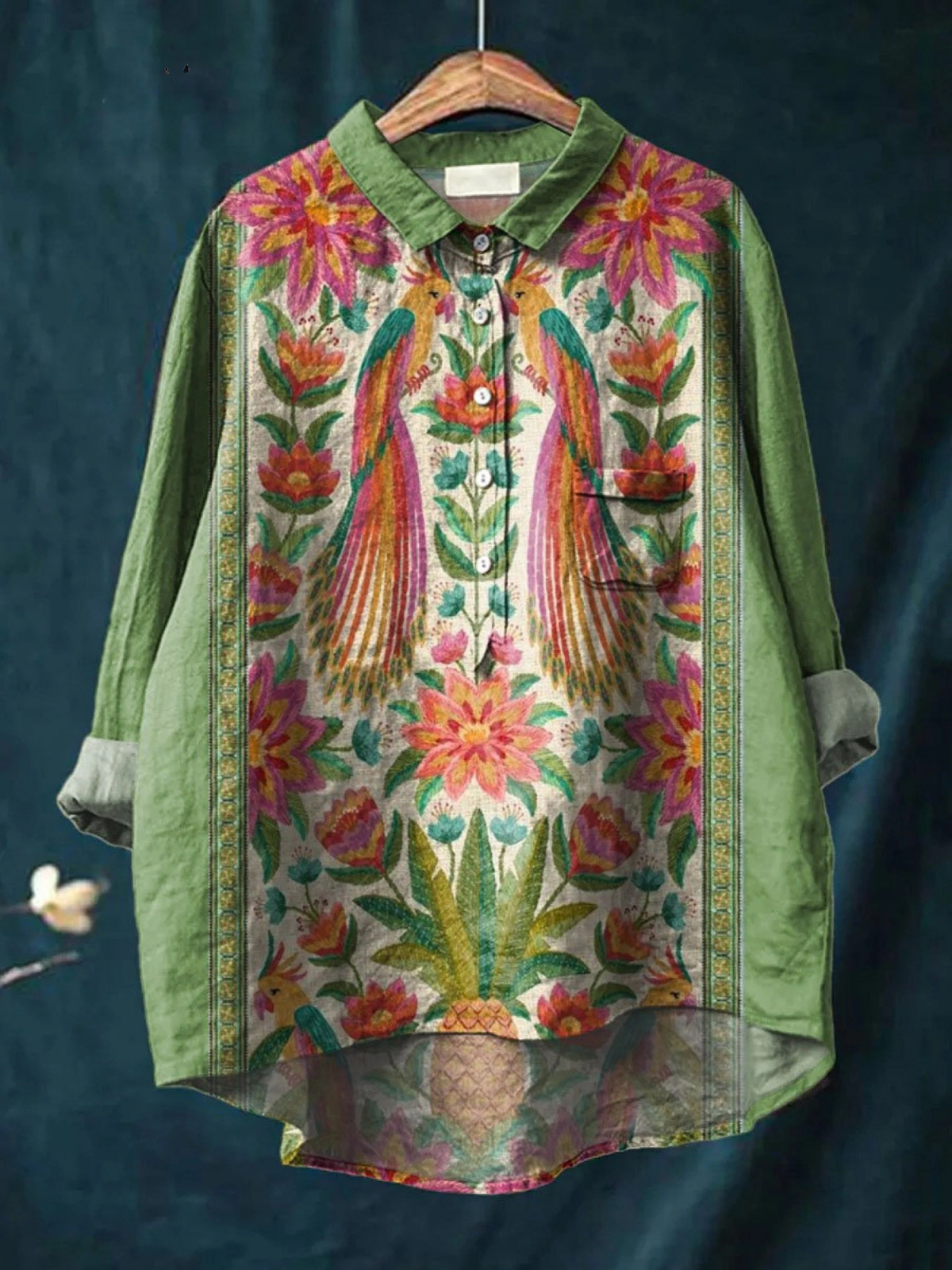 EMERSON | WOMEN'S VINTAGE LOVELY FLORAL BIRDS ART PRINT CASUAL SHIRT