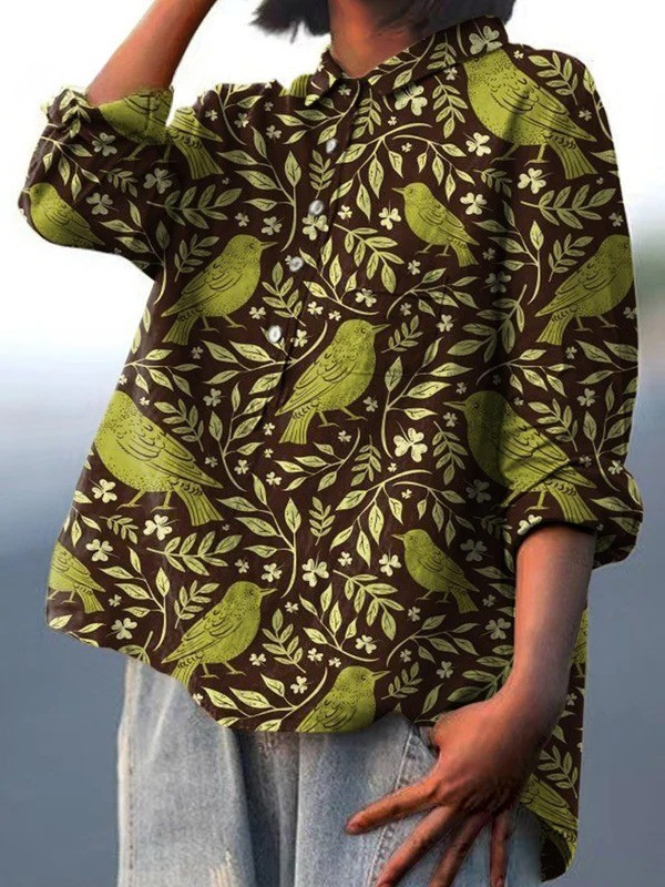 NORA | WOMEN'S VINTAGE FLORAL BIRDS ART PRINT CASUAL SHIRT