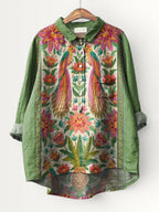 EMERSON | WOMEN'S VINTAGE LOVELY FLORAL BIRDS ART PRINT CASUAL SHIRT