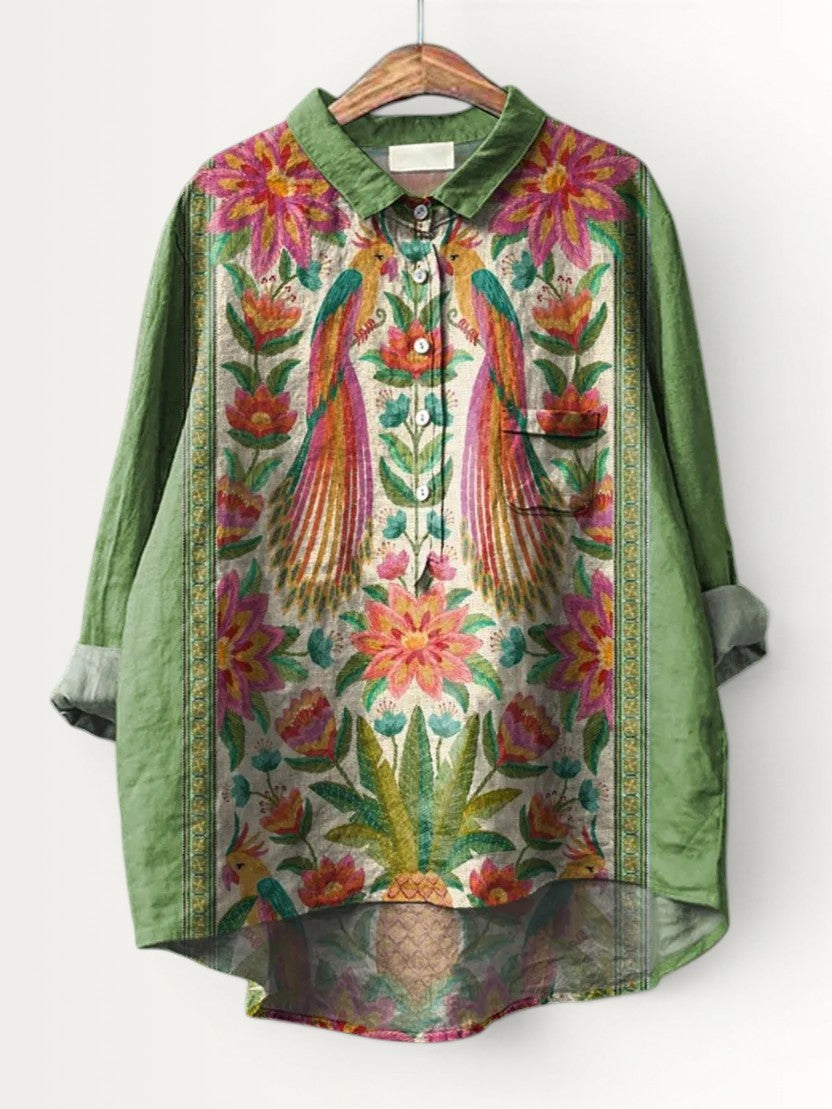 EMERSON | WOMEN'S VINTAGE LOVELY FLORAL BIRDS ART PRINT CASUAL SHIRT