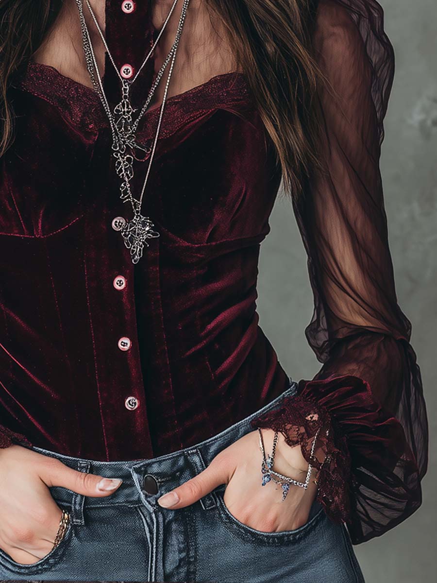 ERICA | RETRO SHEER SLEEVES POLYESTER VELVET BLOUSE