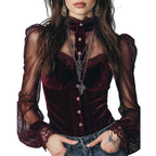 ERICA | RETRO SHEER SLEEVES POLYESTER VELVET BLOUSE
