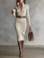 DAKOTA | KNITTED MIDI DRESS WITH BELT AND HIGH NECK