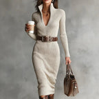 DAKOTA | KNITTED MIDI DRESS WITH BELT AND HIGH NECK