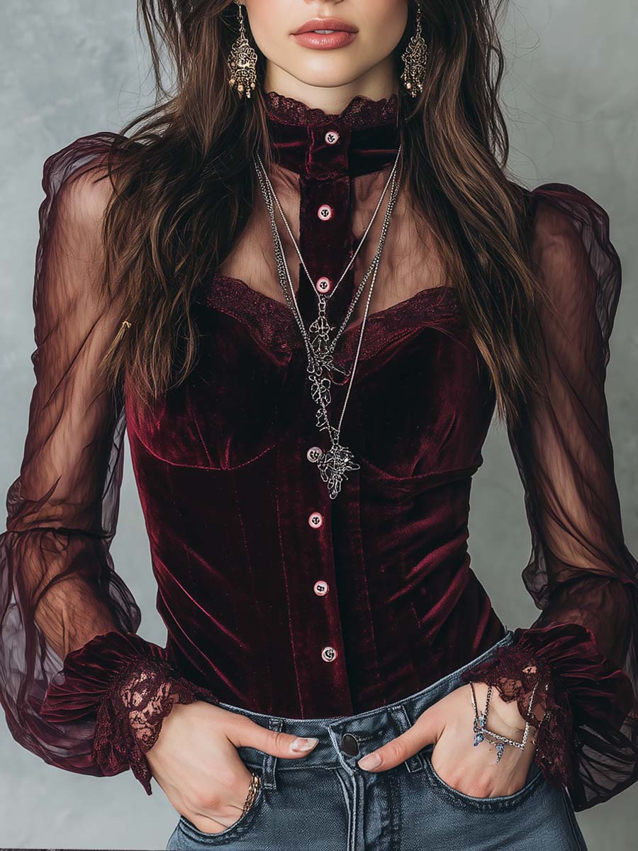 ERICA | RETRO SHEER SLEEVES POLYESTER VELVET BLOUSE