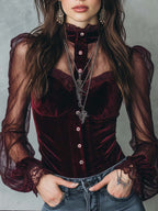 ERICA | RETRO SHEER SLEEVES POLYESTER VELVET BLOUSE