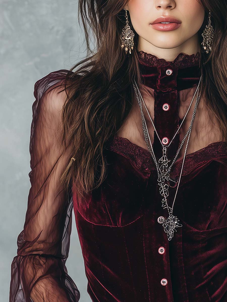 ERICA | RETRO SHEER SLEEVES POLYESTER VELVET BLOUSE